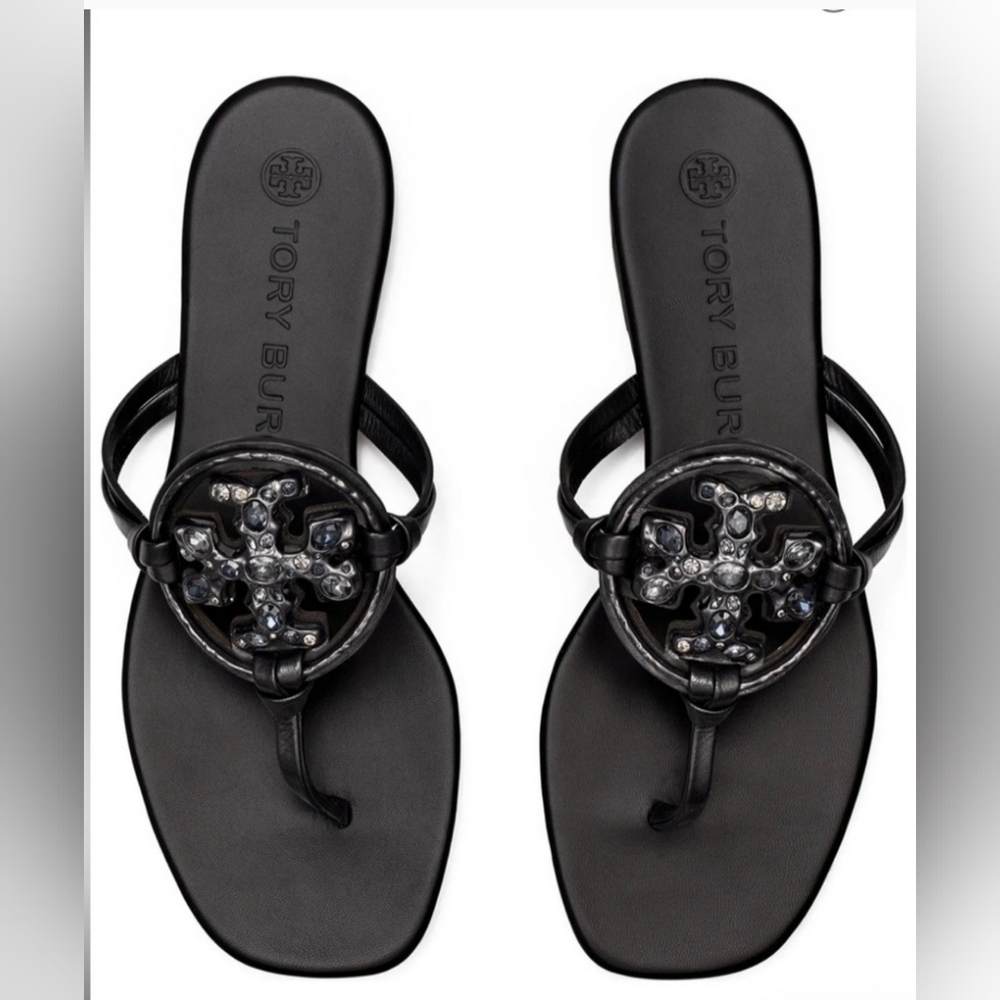 Tory Burch Designer Jeweled Miller Napa Black Leather Sandal Flip Flop Thong 9.5 - Picture 3 of 12
